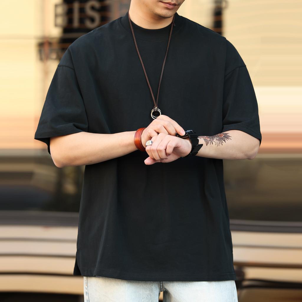 Heavy Small Neckline Short-sleeved T-shirt Men's Loose Summer Casual Solid Color Anti-wrinkle Large Size T-shirt