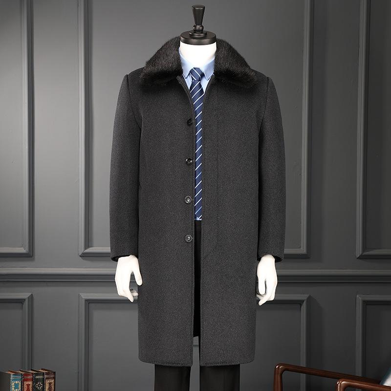 

Мужское кашемировое шерстяное пальто выше колена 2024 года — длинная утепленная зимняя ветровка для людей среднего и пожилого возраста XXL