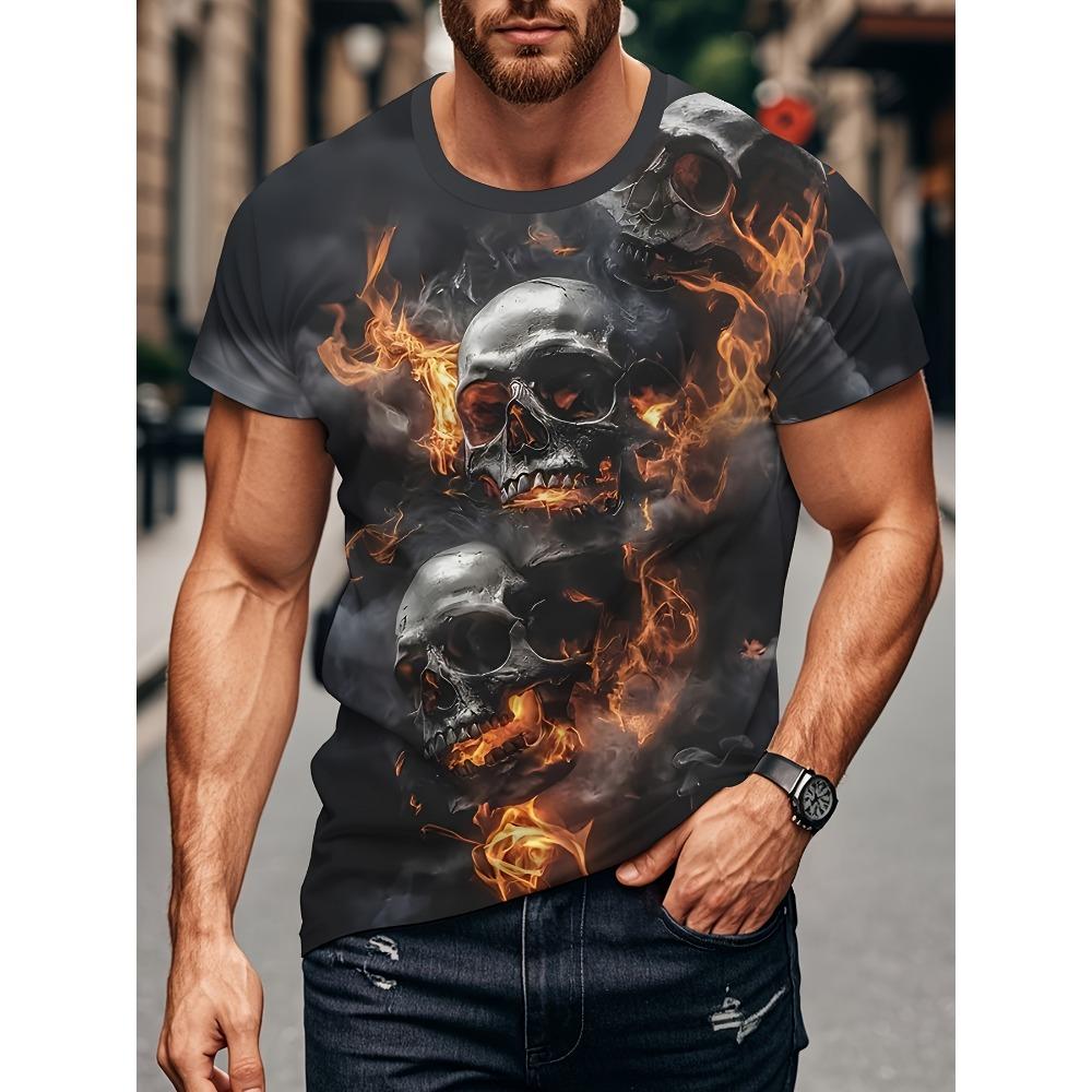 Men s 3D Digital Printing Gothic Skull Flame Pattern T-Shirt S