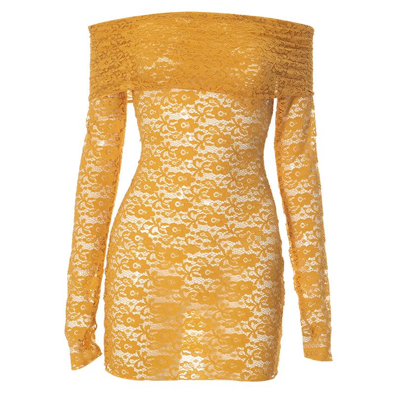 Damen Herbst Sexy Revers One-Shoulder Langarm Spitze Schlank Kleid