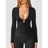 Women Navy Blue Ribbed Knit U Neck Ring Detail Long Sleeve Fitted Top