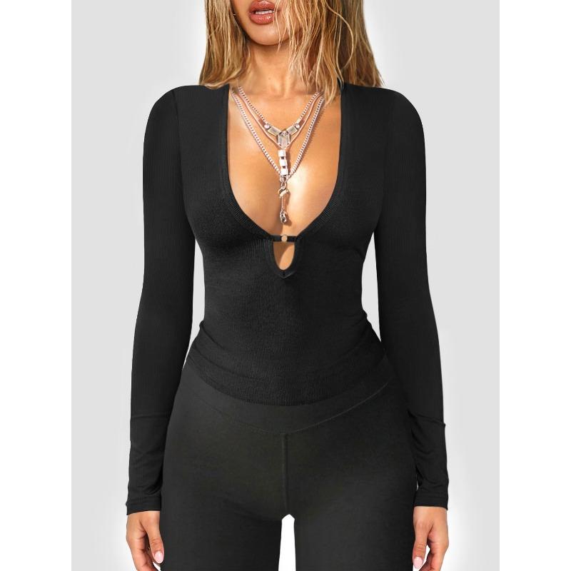 Women Navy Blue Ribbed Knit U Neck Ring Detail Long Sleeve Fitted Top