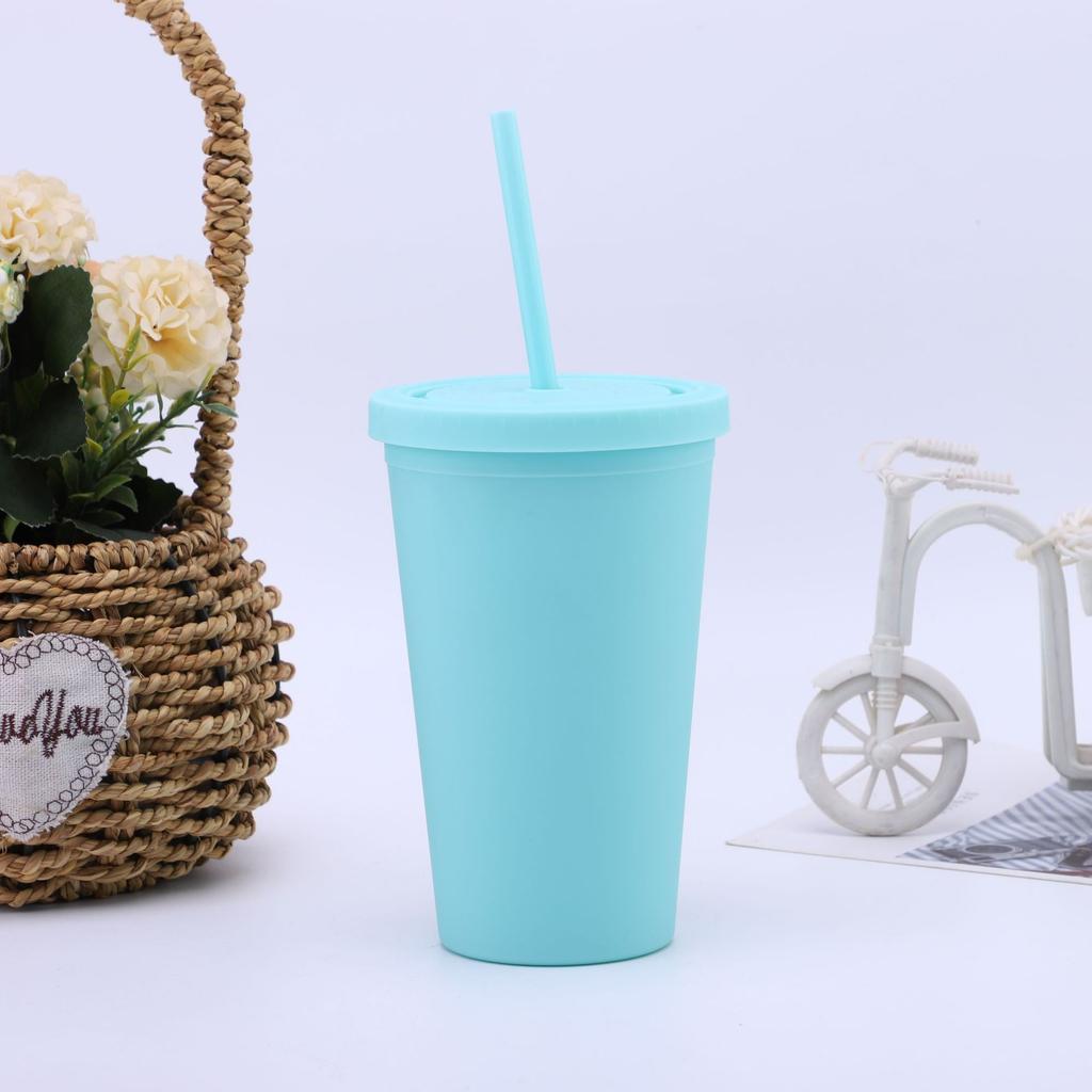 16/24 oz doppelwandiger Plastikbecher mit Strohhalm, Kaffeebecher, gefrosteter Plastikbecher, handlicher Wasserbecher, leicht zu tragen, Strohhalm, Wasserkocher, Sportflasche