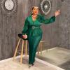 Elegant Plus Size African Womens Evening Dress Long Sleeve Deep V Neck Sequin Trimmed Fit-and-Flare Gown Party