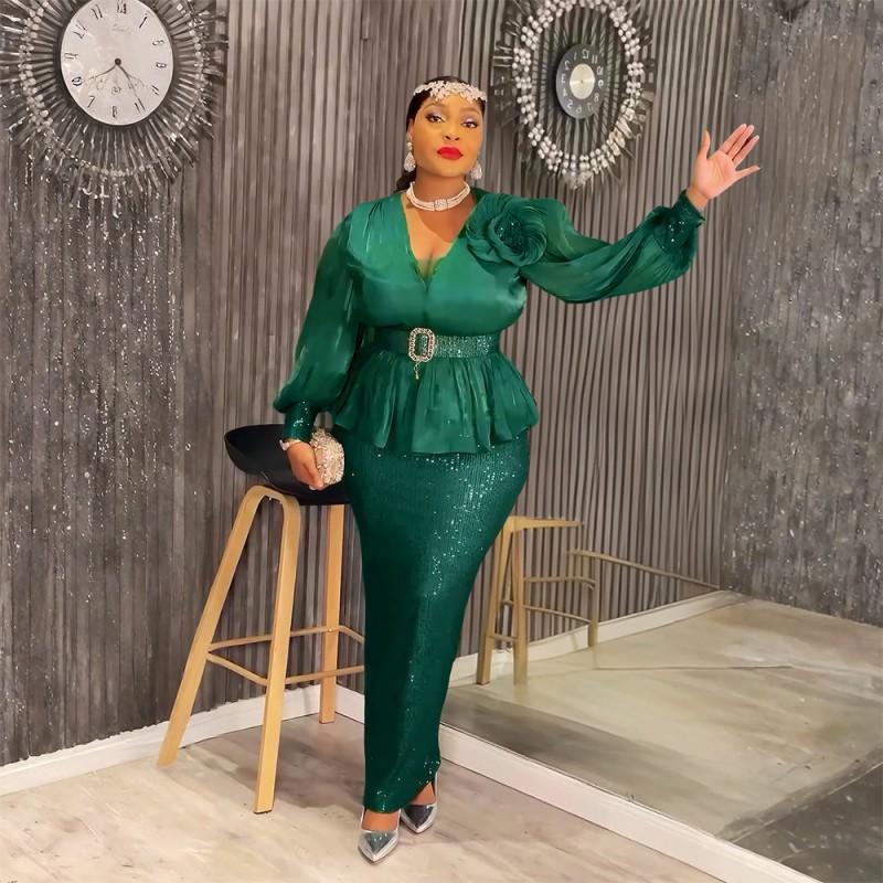 Elegant Plus Size African Womens Evening Dress Long Sleeve Deep V Neck Sequin Trimmed Fit-and-Flare Gown Party