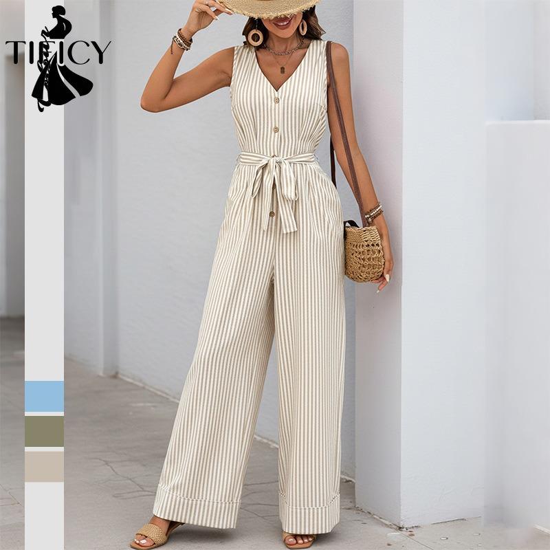 TIFICY Moda feminina casual verão primavera listra estampa sem mangas decote em v cintura alta calças macacões e macacões