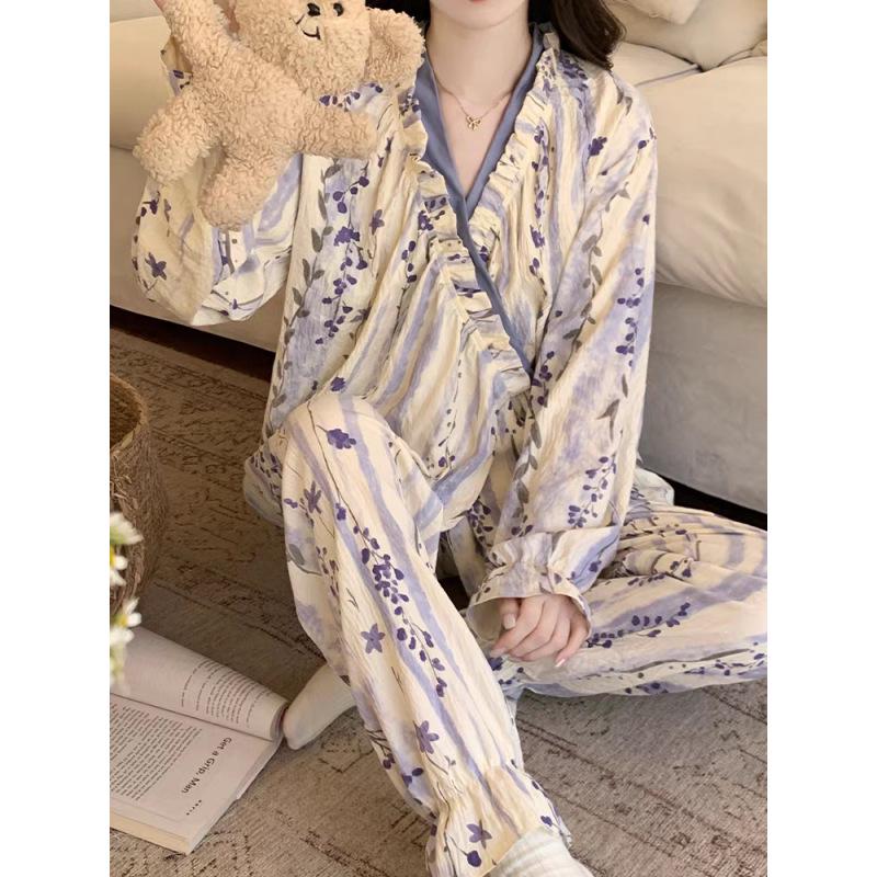 Spring 2026 Women's Cloud Cotton Tie-Up Long Sleeve & Pants Set - Sweet, Cute, Comfortable Home Wear