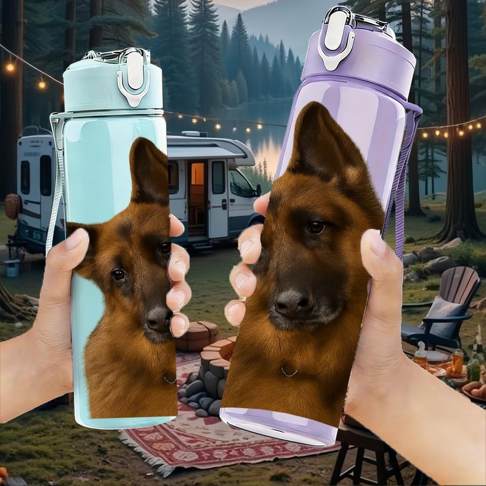 1PC Serious German Shepherd 750ml Color Plastic Sports Water Bottle Leakproof Flip Straw Lid Suitable for Sports Office Home Use