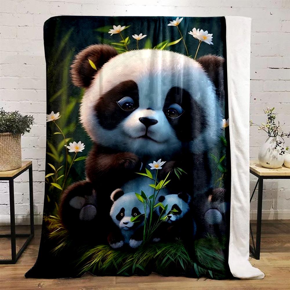 Cute Panda Family with Flowers Design Blanket Flannel Blanket for Bedroom, Living Room, Sofa, and Nap Sofas