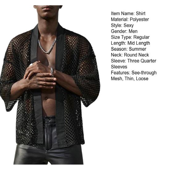 Men Club Shirt Hollow Out Mesh Cardigan Three Quarter Sleeve Thin Clubwear See-through