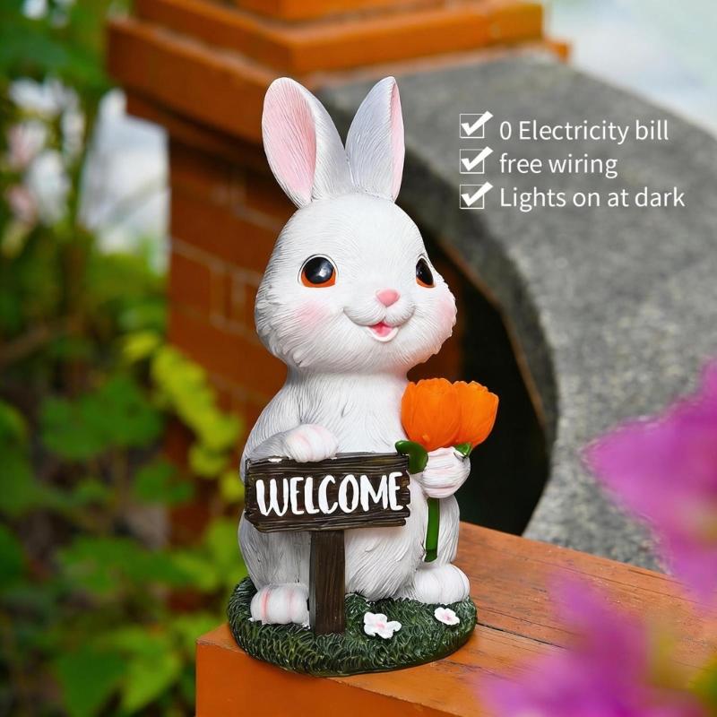 Solar Garden Rabbit Statues Outdoor Bunnies Figurine Decorations for Patios Yard Lawn Ornament Easter Housewarmings Gift