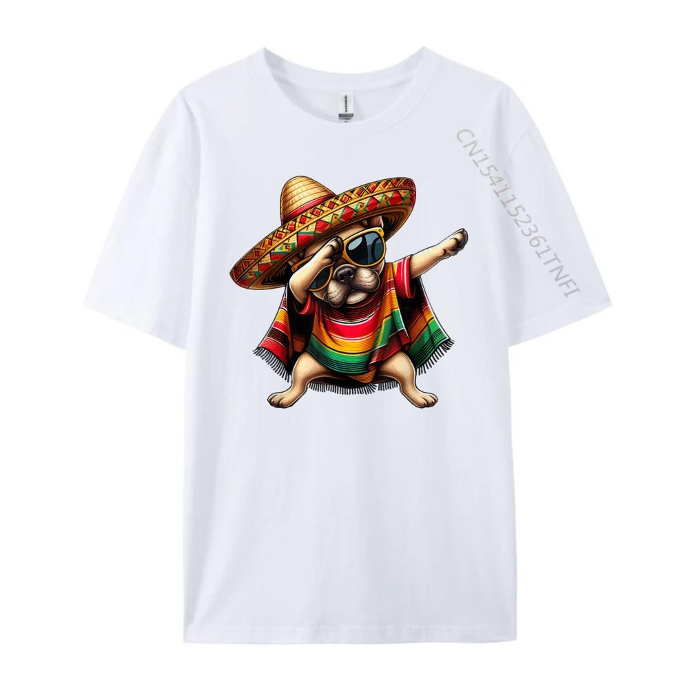 Dabbing Frenchie Dog Sombrero Mexican Poncho Cinco De Mayo Graphic T Shirts Men Cotton Camisetas  Breathable