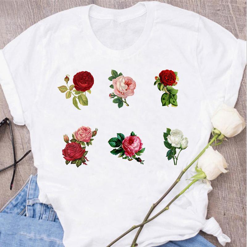 Women's Tops Fashion Flower Floral Print Lady T-shirt Casual Short Sleeve Aesthetic Clothes Shirt T-shirts Female Tops Tees