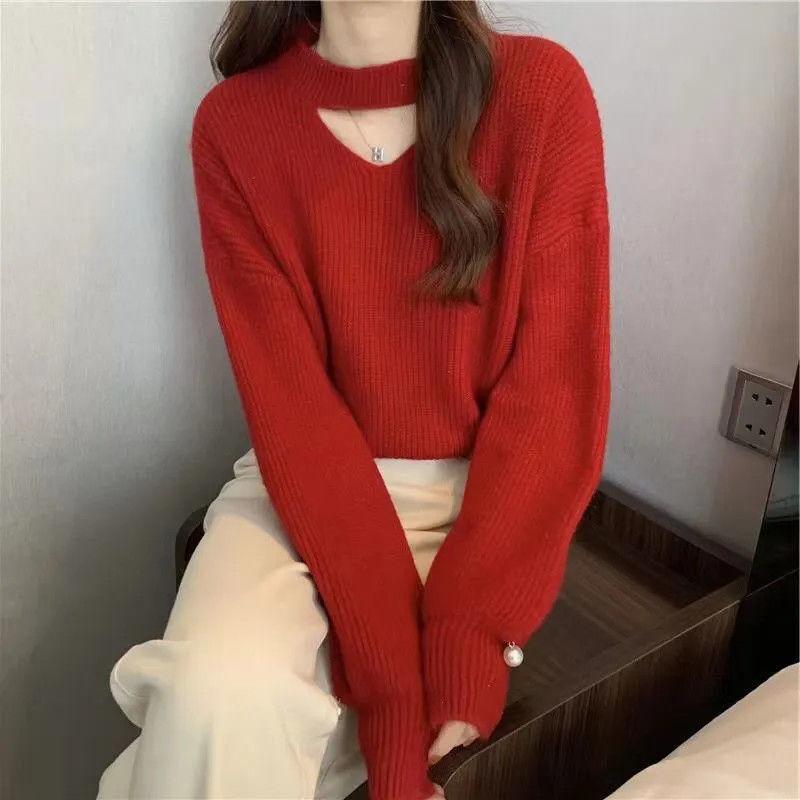 Dámský western pletený svetr s vyhloubenou klíční kostí odhalený svetr temperamentní svetr korejský svetr dámský