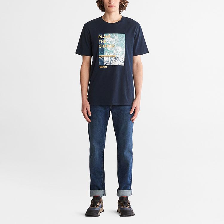 Timberland Pattern Printed Knit Casual Fashion Breathable Round Neck Short Sleeve T-Shirt Men T-Shirts Deep-Sapphire-Blue A62JN-433