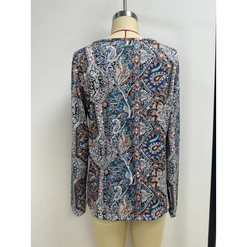 Women V Neck Boho Paisley Print Long Sleeve Blouse Multi Color Ethnic Loose Fit Summer Vacation Casual Top