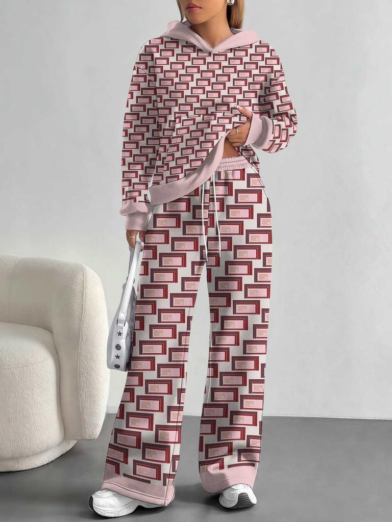 Square Splicing European, American Autumn and Winter Casual Long-sleeved Suit Women's Hooded Sweater Trousers Two-piece Set