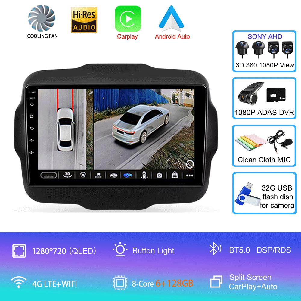 Car Radio Android 14 Multimedia Player For Jeep Renegade 2016-2020 Carplay Android Auto Stereo 4G Wifi 360 camera head unit DVD