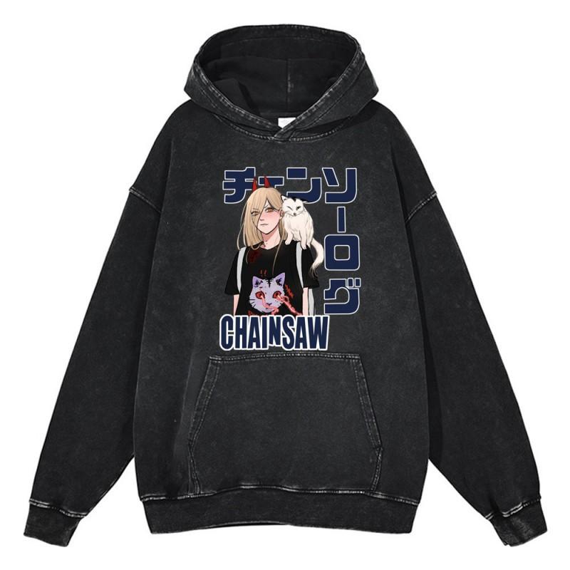 Heavyweight 440g Washed Vintage Denim-Style Anime Hoodie Men Streetwear Casual Sweatshirt