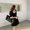 Summer new square collar waist small slim dress French bubble sleeve floral short skirt women