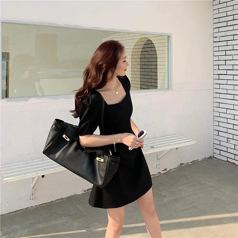 Summer new square collar waist small slim dress French bubble sleeve floral short skirt women