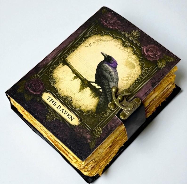 Handmade Leather Journal with Vintage Crow Art | 5x7 Inch Deckle Edge Paper Notebook | Gothic Raven Design | Gift for Writers & Artists