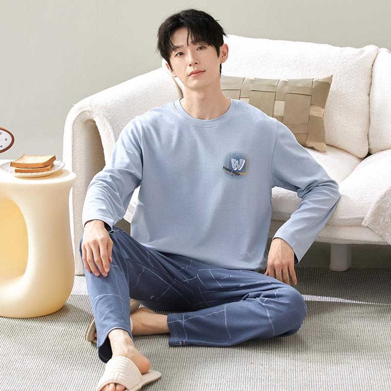Baumwolle Herren Pullover Nachtwäsche Herbst Frühling Langarm Nachtwäsche 2 Stück Pyjamas Set Männlich