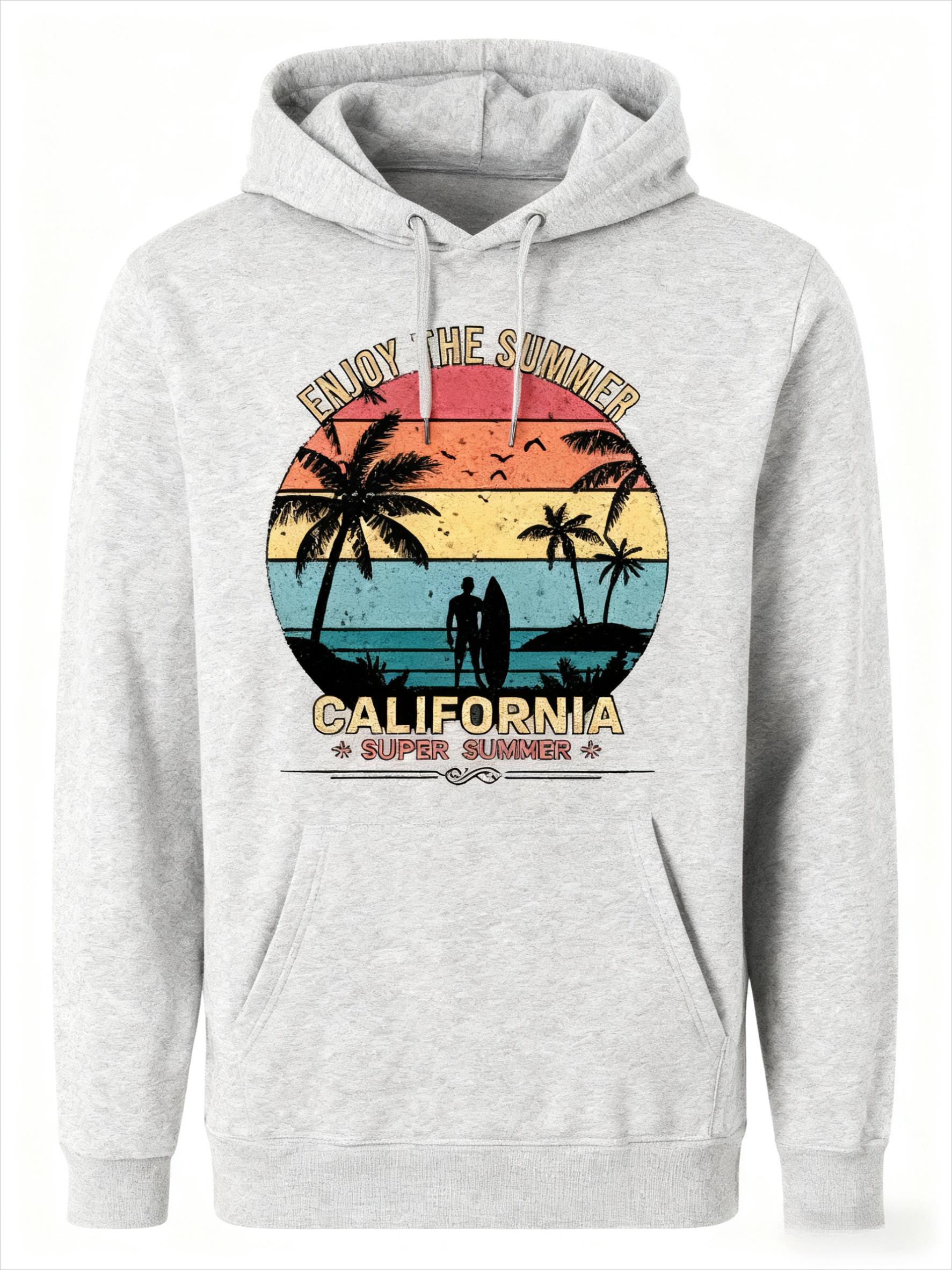 

Vintage California Surf Hoodie, ENJOY THE SUMMER Palm Print Sweatshirt, Retro Beach Warm Top for Men Women 3XL