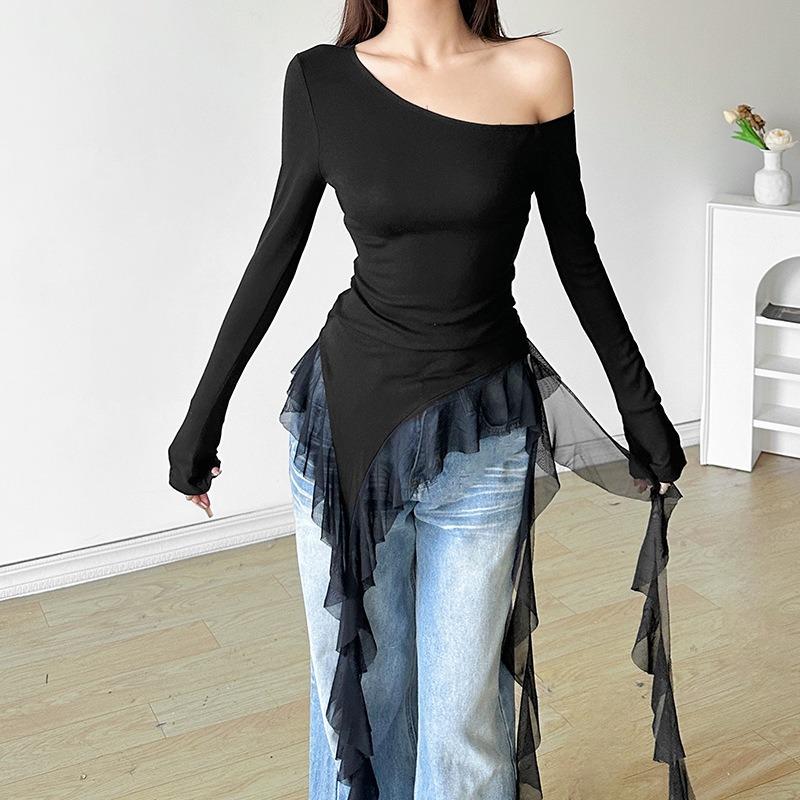 Off Shoulder Ruffles Tassel Long Sleeve T Shirt Women Sweet Streetwear Sweet Blouse Gentle Party Basic Top Slim Fit Black Tees Shirt Sexy New Shirt