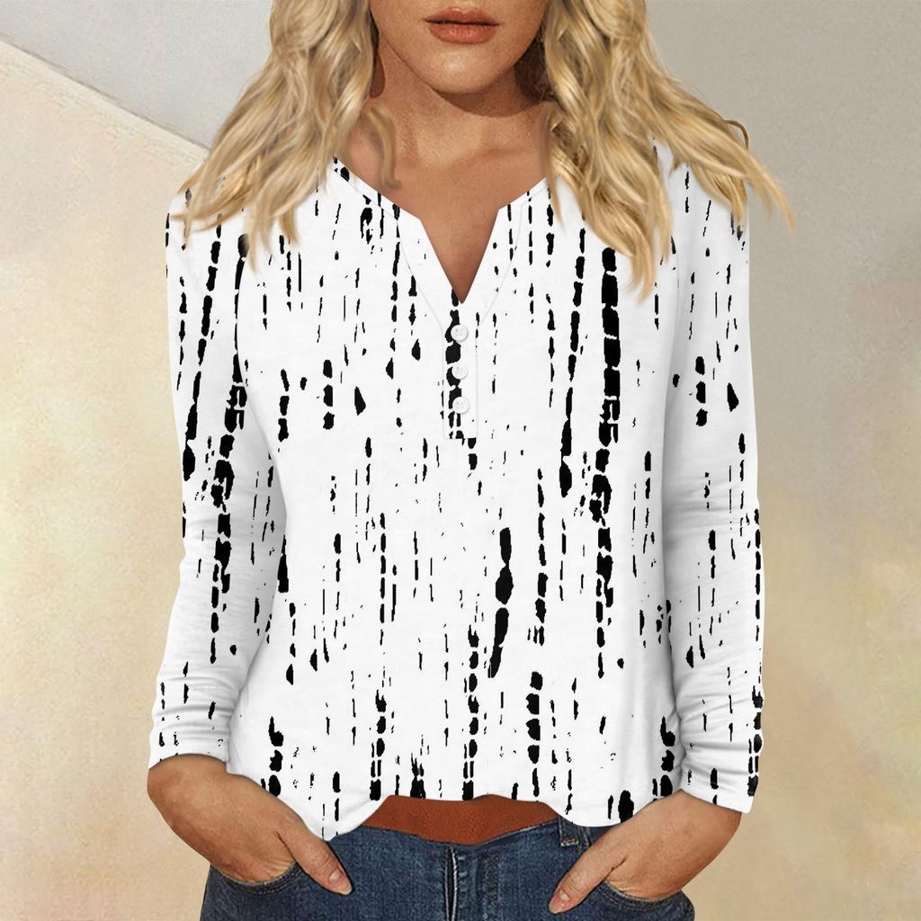 Dámské módní ležérní tričko s potiskem a výstřihem do V s dlouhým rukávem a knoflíkem