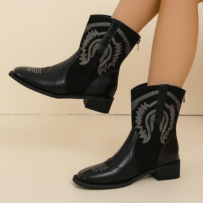 Nnü Retro Square Toe Embroidery Western Boots Women's Autumn and Winter Large Size Foreign Trade Short Boots Block Heel Back Zip Cowboy Boots