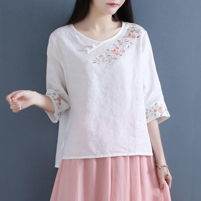 Λογοτεχνική Καλλιτεχνική Μικρή Φρέσκα φαρδιά, στρογγυλή λαιμόκοψη, βαμβακερή μονόχρωμη μπλούζα γυναικεία με τρία τέταρτα μανίκια Άνοιξη Καλοκαίρι κοντό μπλουζάκι