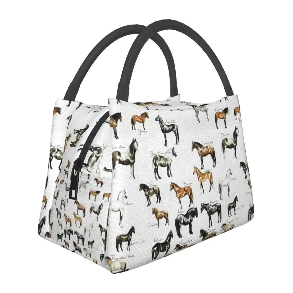 Pferderassen Muster Lunchtaschen Isoliert Bento Box Auslaufsicher Lunch Tote Picknicktaschen Kühltasche Thermotasche für Frau Studentin Büro 28x17x16CM white