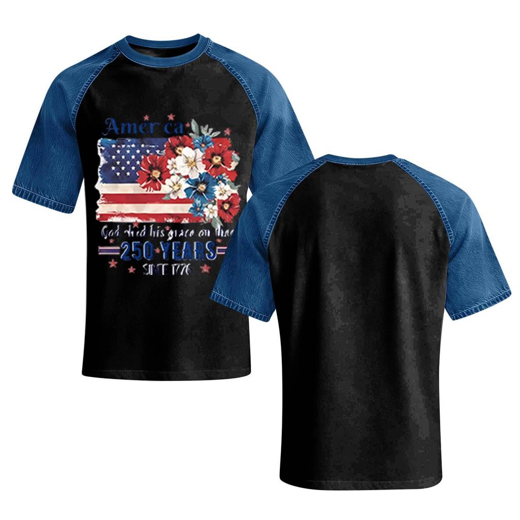 Women's Casual Short Sleeve T Shirt with Denim Patchwork and 250th Anniversary Independence Day Print Comfortable Loose Fit