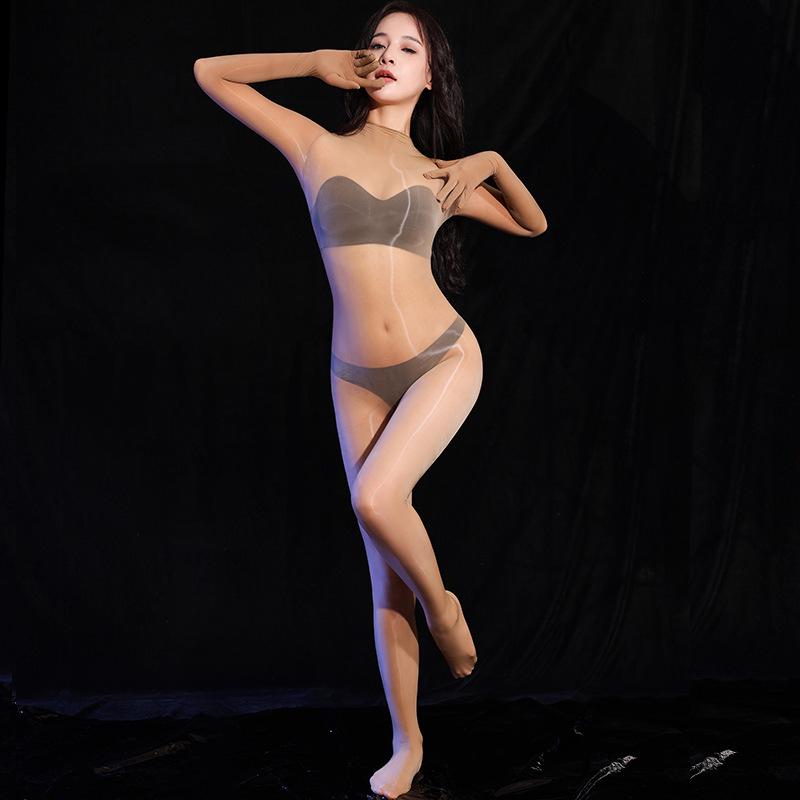 Glossy Black Silk Slim-Fit Full-Body Bodysuit - Round Neck, High Elasticity, 5D Ultra-Thin, Tight-Fitting, Sexy, Five-Finger Design