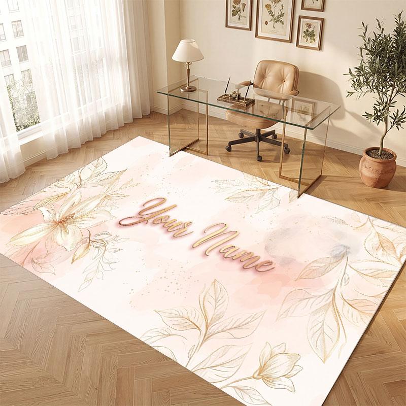 Floral Garden Theme Crystal Velvet Floor Rug Personalized Custom Name Text Warm Carpet Home Decoration