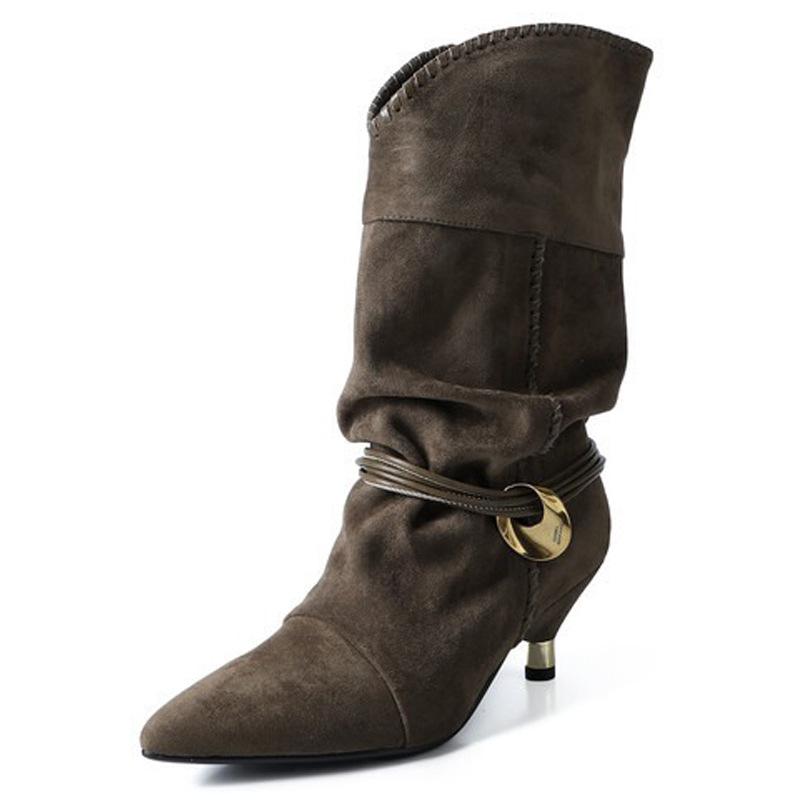 

Fashion Pointed Toe Metal Kitten Heel Lace Up Pleated Women s Boots Brown Suede Flanging Ankle Boot 6CM High Heel Women Shoes 39 армія зелений колір