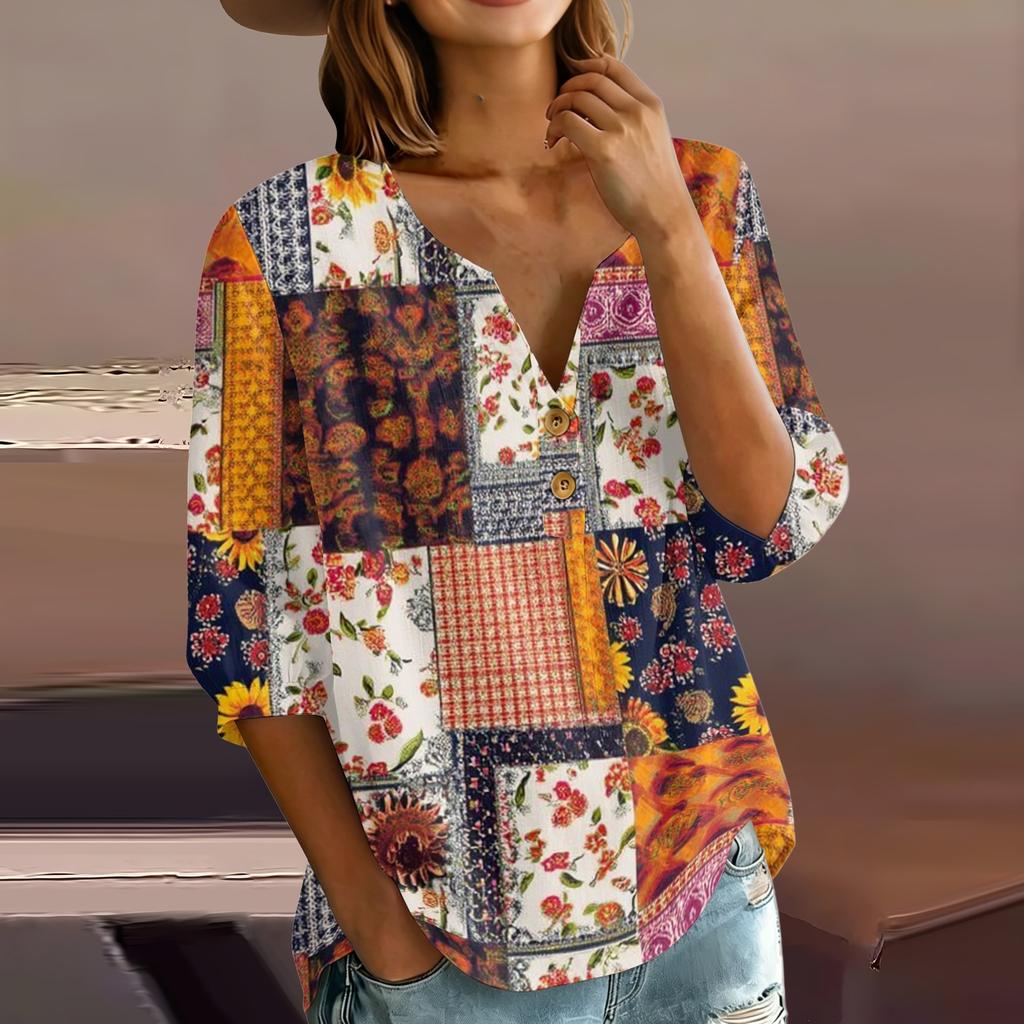 Women’s Cotton Linen Blouse with Patchwork Floral Print Henley Neck Button Front and Three Quarter Sleeves Casual Shirt