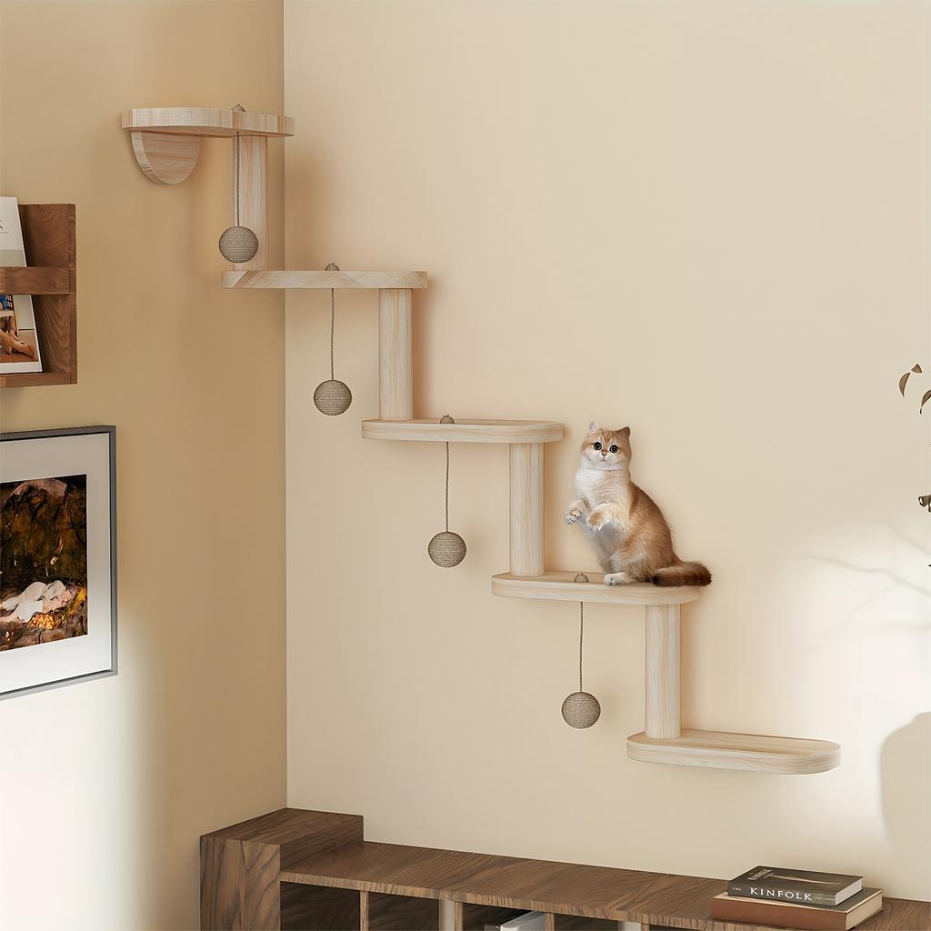Estrutura de Escada de Gato de 5 Degraus Montada na Parede Prateleira de Escalada de Madeira Arranhador de Sisal para Gatos Montagem DIY Carga de 12kg para Brincar Dormir Escalar