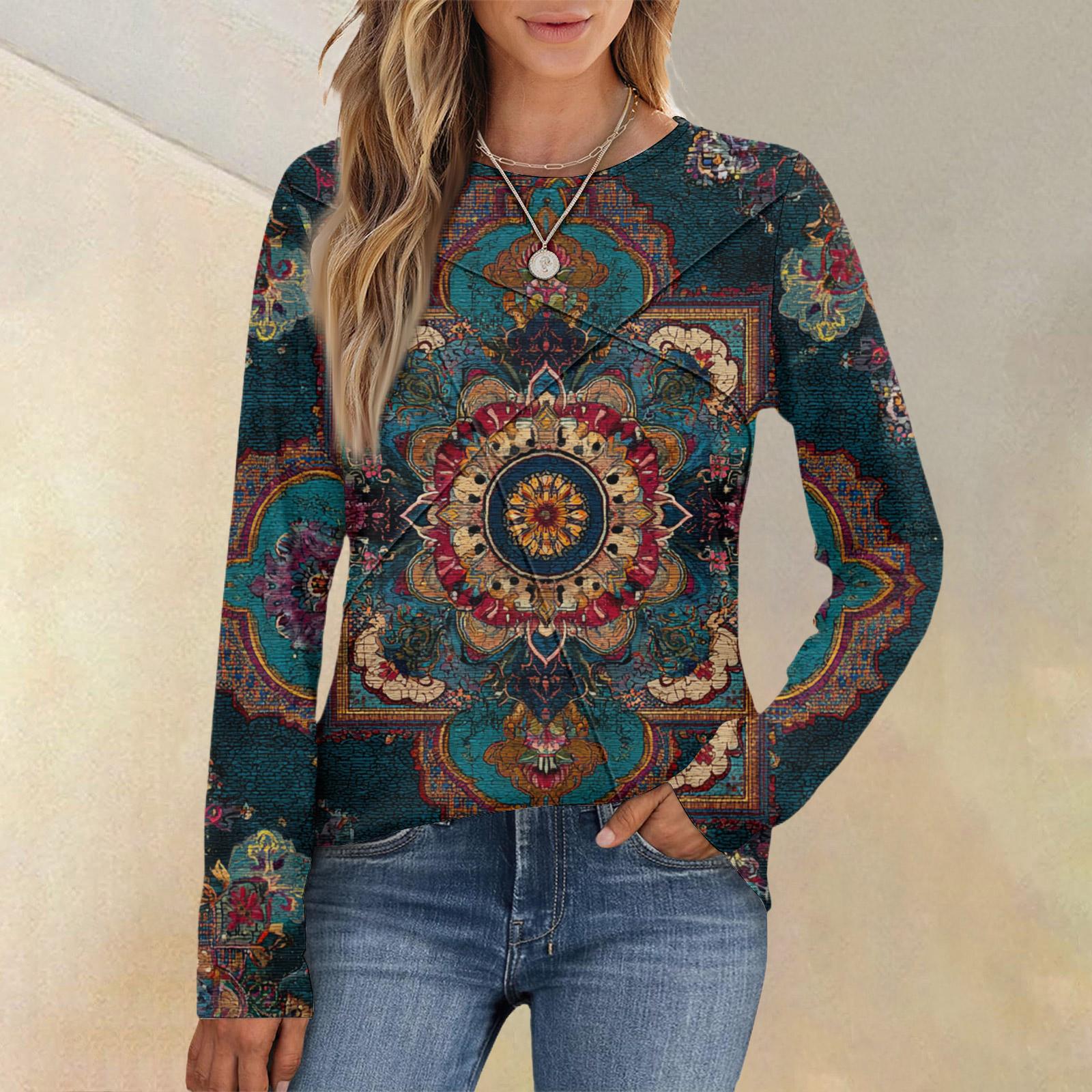 

Fashion Women s Long Sleeve Round Neck Casual Pleated Retro Floral Loose Top L чорний