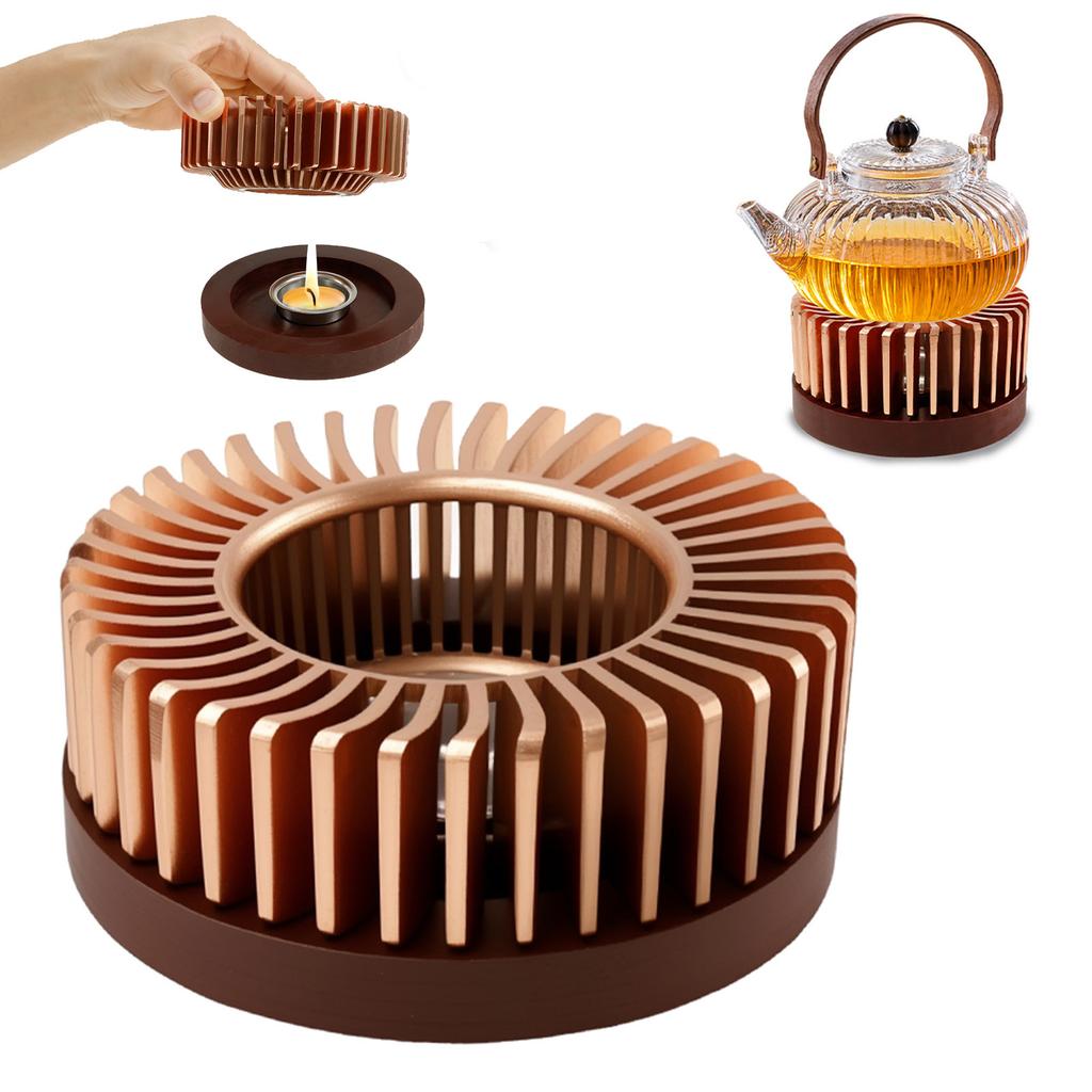 Teapot Warmer with Hollow Frame Aluminum Alloy Tea Pot Heater with Detachable Wood Base Stable Placement for Coffee Milk Tea