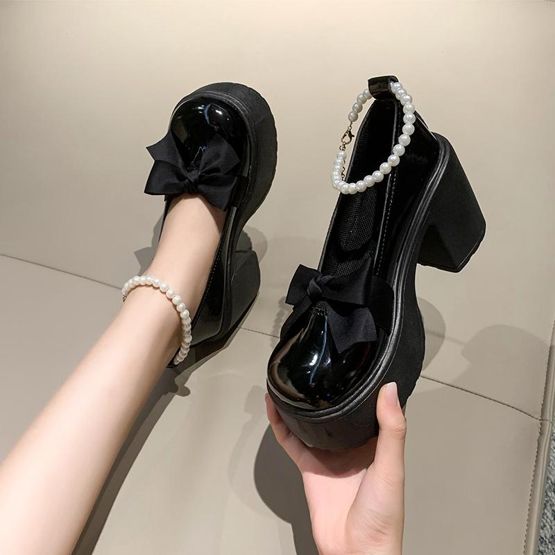 

2025 Fashion Mary Jane Shoes Women s New Fashion Pearl Bow High Heels with Small Leather Shoes Women Single Shoes 37 чёрный