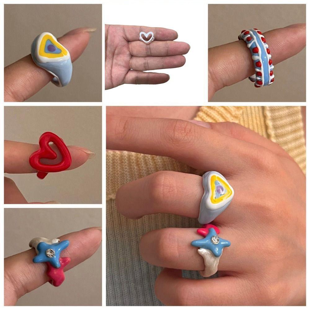 Korean Style Enamel Heart Ring Chunky Jewelry Geometric Ring Dripping Oil Finger Buckle  Decoration