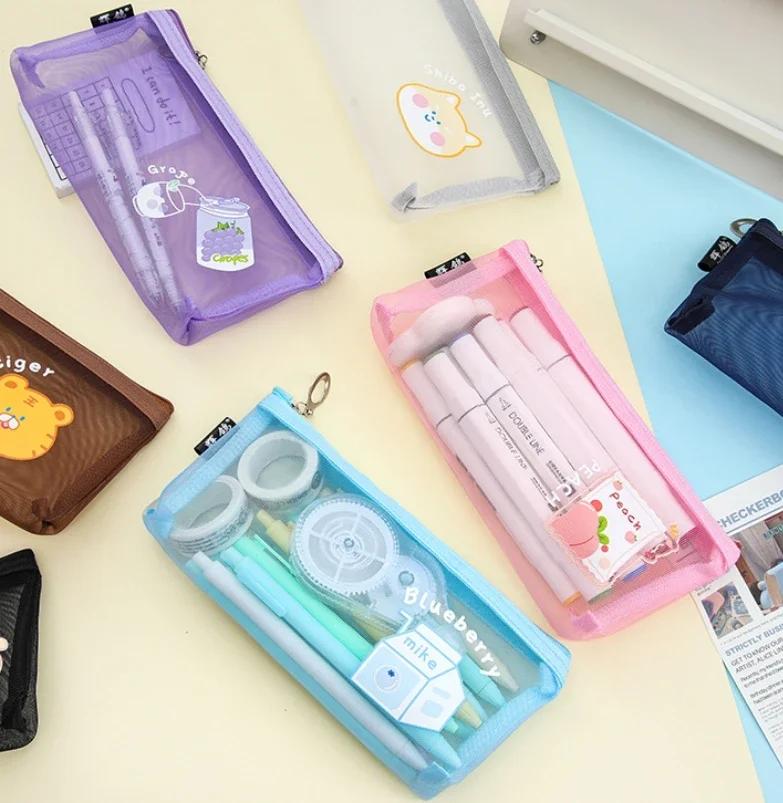 Cute Cartoon Mesh Pencil Case Large Capacity Transparent Stationery Storage Bag Cosmetic Organizer for Girls School Supplies
