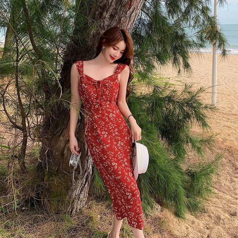 Coffee Break French Red Floral Suspender Dress Children's Summer 2026 New Seaside Vacation Beach Dress