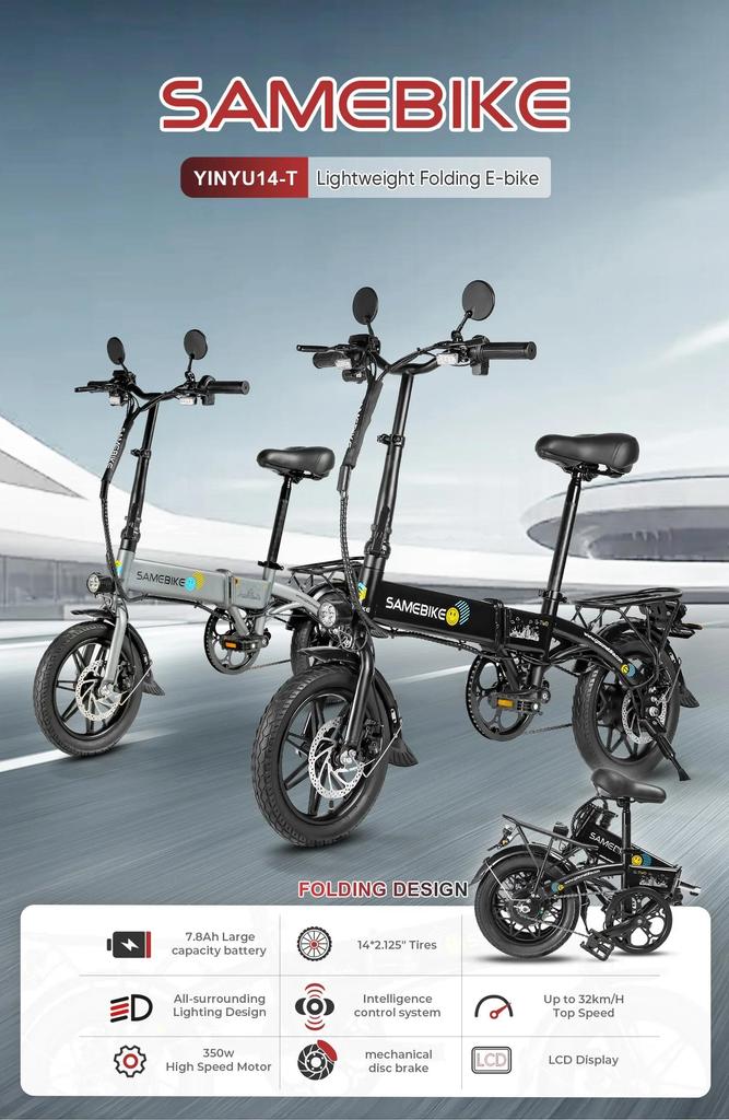 Samebike YINYU14 Klapp-Elektrofahrrad 350W 36V 7.8Ah Lithium-Batterie 14 Zoll Erwachsenen Mini City Elektrofahrrad