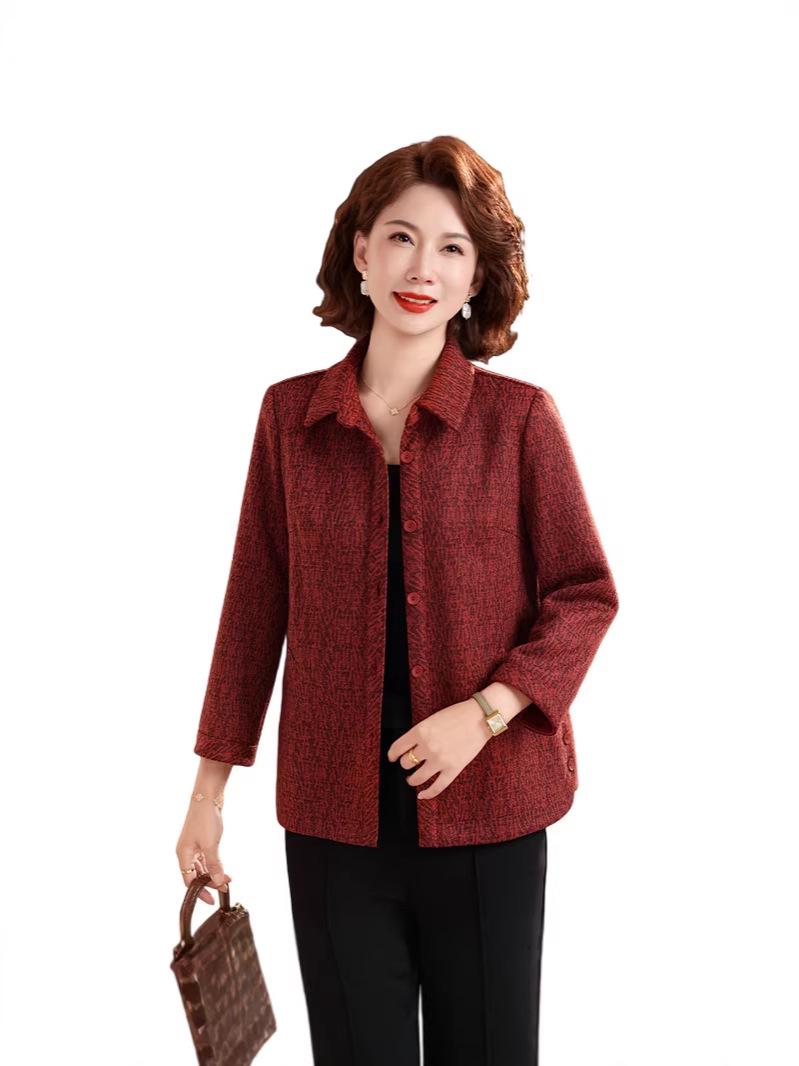 

Autumn Lapel Shirt Jacket for Middle-Aged & Elderly Women - Loose Two-Piece Outerwear Set 3XL (145-160 jin) красный