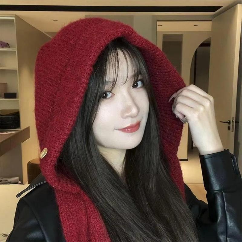 Winter New Women's Solid Color Knitt Hat Scarf One-piece Balaclava Hat,Thickened Warm and Cold Proof Suitable for Outdoor,skiing