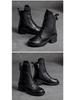 Shanghai Jie Zhou Herbstliche Stiefeletten mit runder Zehenpartie, Blockabsatz, aus Rindsleder, modische Martin Boots mit seitlichem Reißverschluss – Mittelhohe Stiefeletten