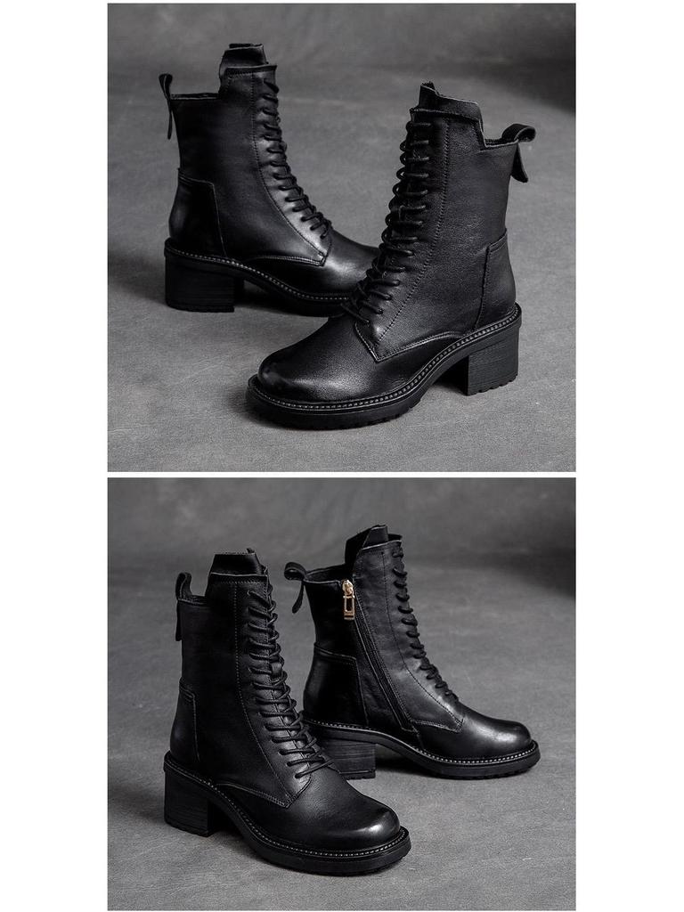 Shanghai Jie Zhou Herbstliche Stiefeletten mit runder Zehenpartie, Blockabsatz, aus Rindsleder, modische Martin Boots mit seitlichem Reißverschluss – Mittelhohe Stiefeletten